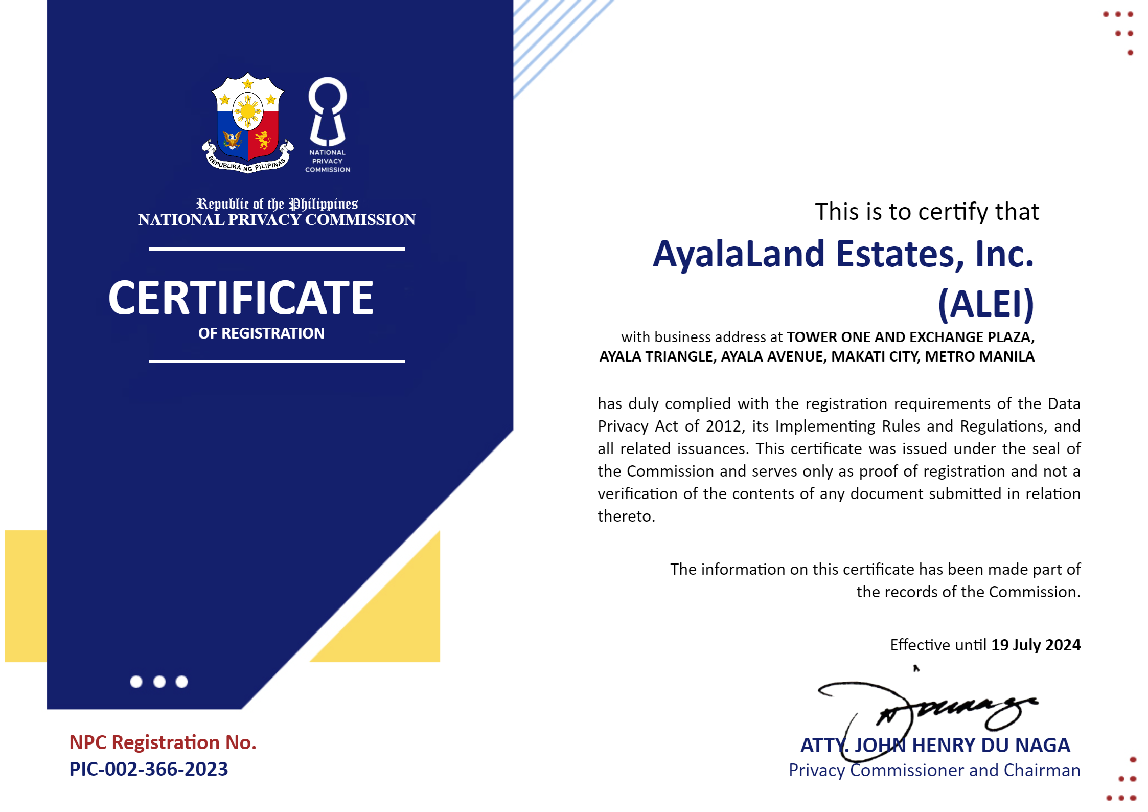 08 - Certificate of Registration - AyalaLand Estates, Inc